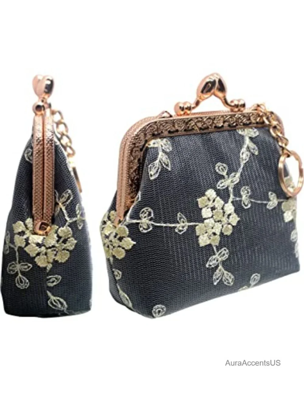 Vintage Kiss Lock Coin Purse Keychain Wallet Handmade Lace Trim